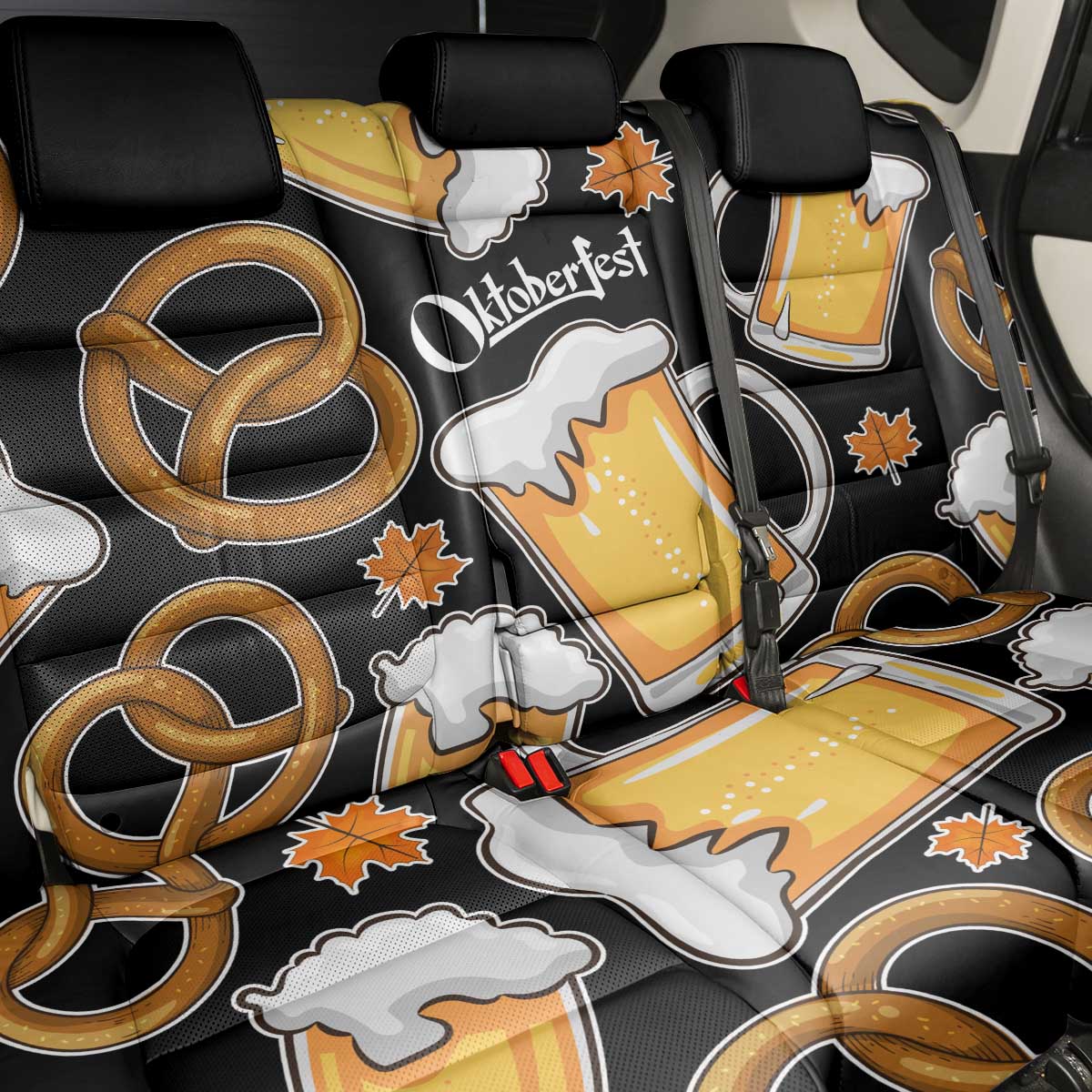 Oktoberfest Back Car Seat Cover with Beer Mug and Pretzel Illustration Black Festive - Wonder Print Shop