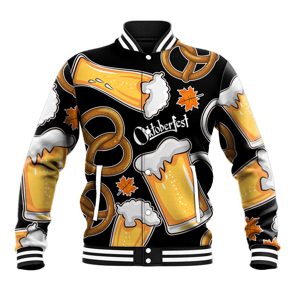 Oktoberfest Baseball Jacket with Beer Mug and Pretzel Illustration Black Festive - Wonder Print Shop