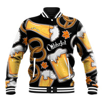 Oktoberfest Baseball Jacket with Beer Mug and Pretzel Illustration Black Festive - Wonder Print Shop