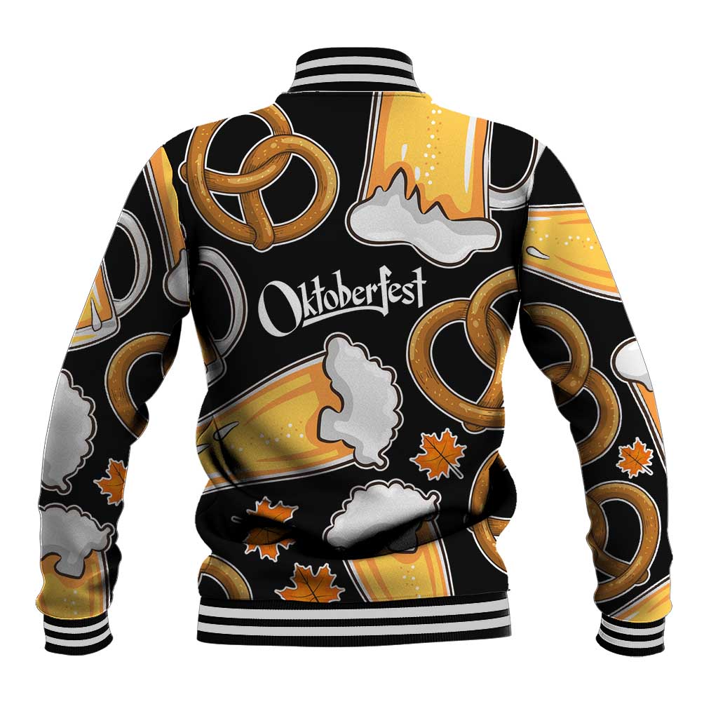 Oktoberfest Baseball Jacket with Beer Mug and Pretzel Illustration Black Festive - Wonder Print Shop