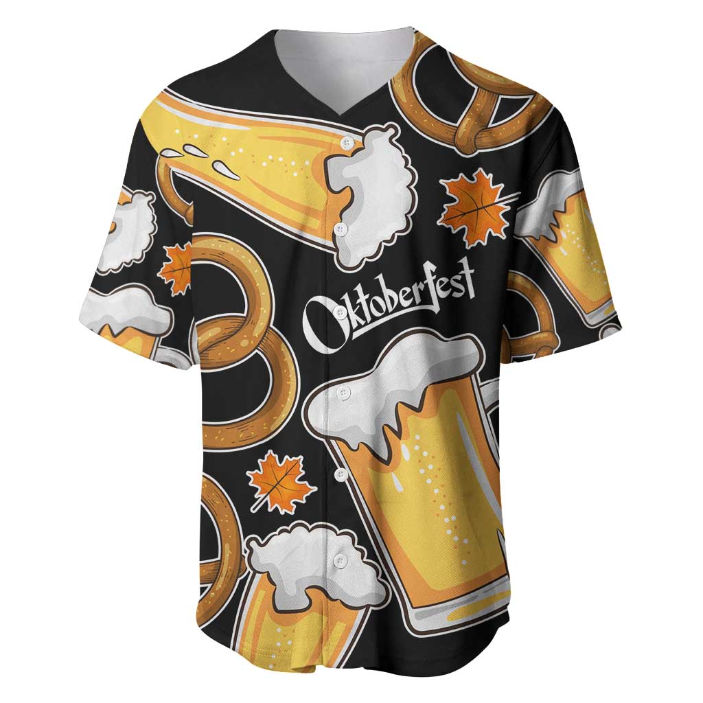 Oktoberfest Baseball Jersey with Beer Mug and Pretzel Illustration Black Festive - Wonder Print Shop