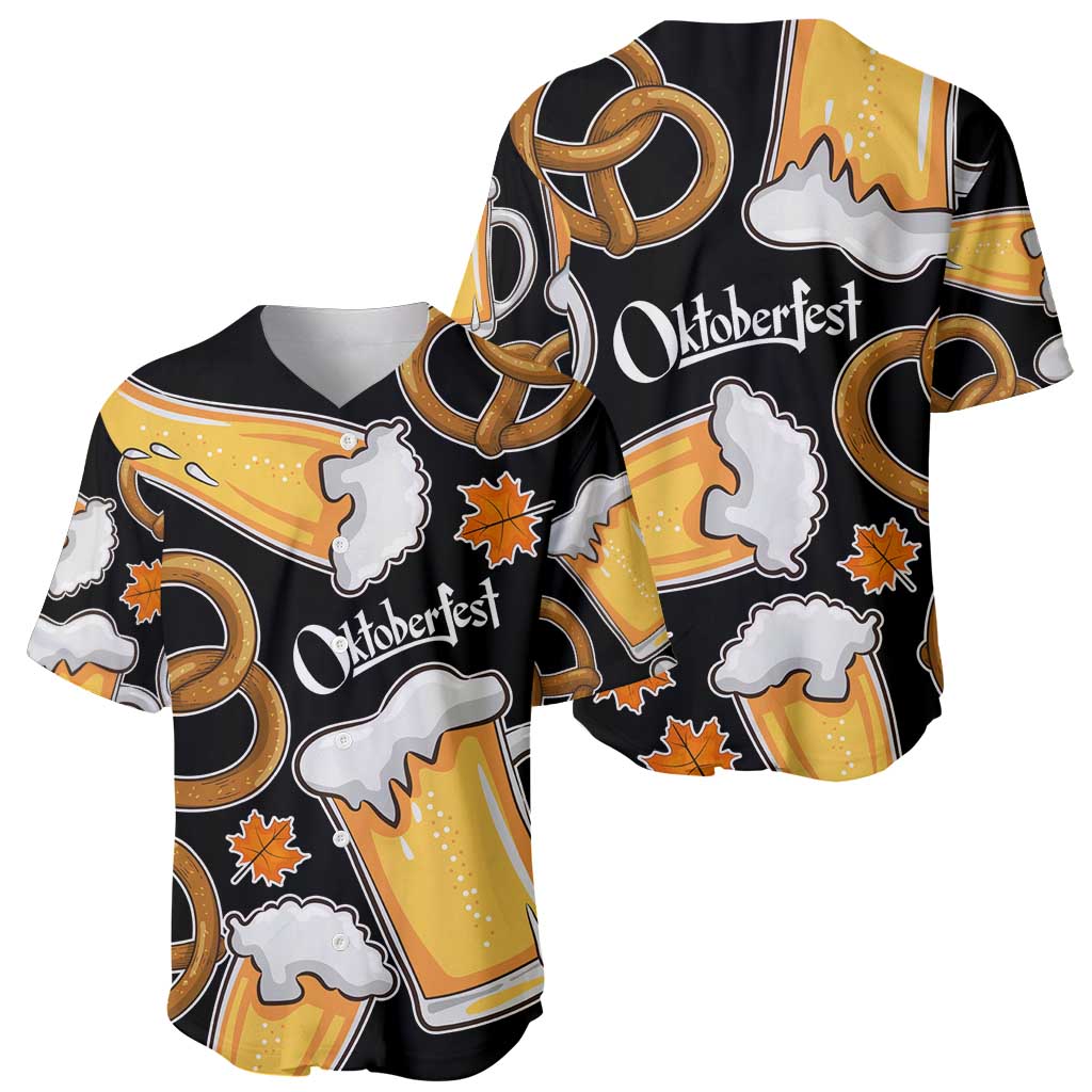 Oktoberfest Baseball Jersey with Beer Mug and Pretzel Illustration Black Festive - Wonder Print Shop