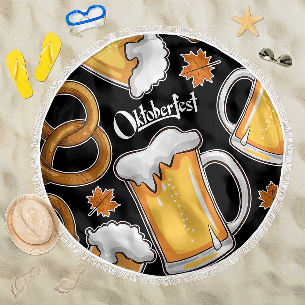 Oktoberfest Beach Blanket with Beer Mug and Pretzel Illustration Black Festive - Wonder Print Shop