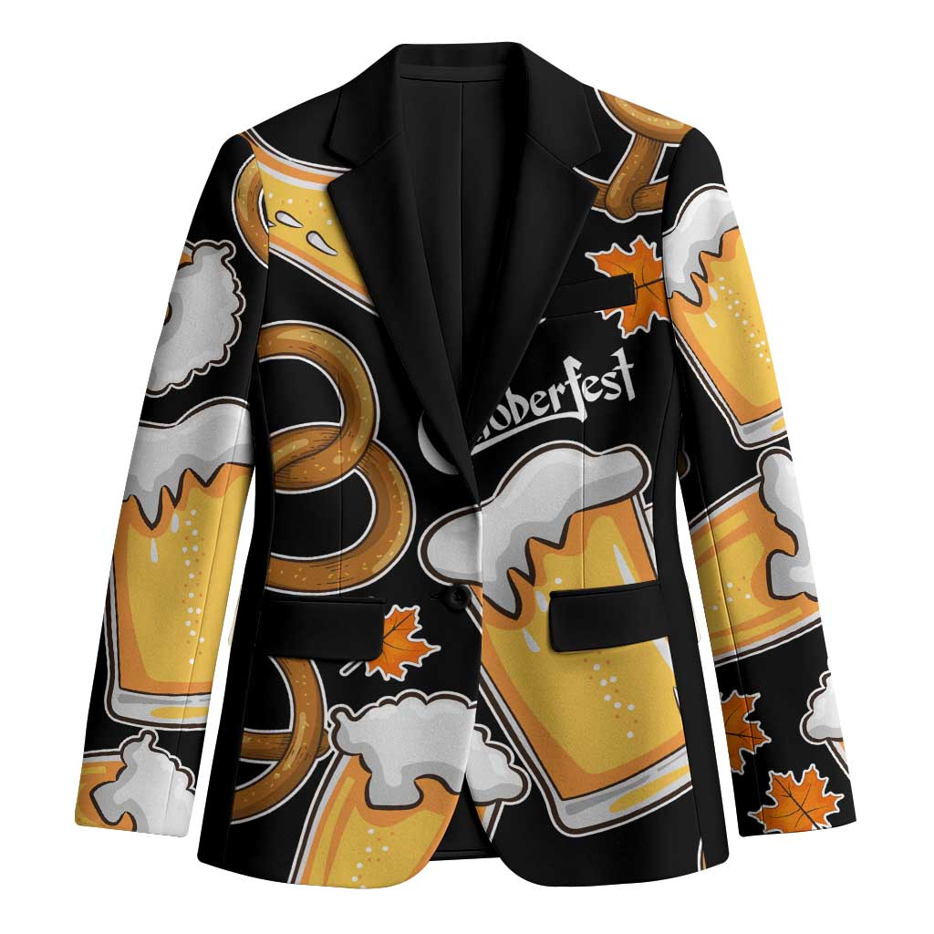 Oktoberfest Blazer with Beer Mug and Pretzel Illustration Black Festive - Wonder Print Shop