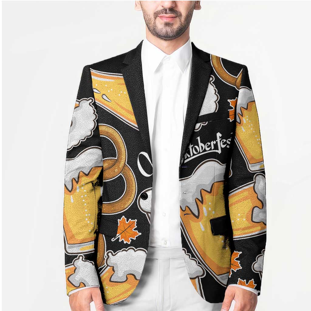 Oktoberfest Blazer with Beer Mug and Pretzel Illustration Black Festive - Wonder Print Shop