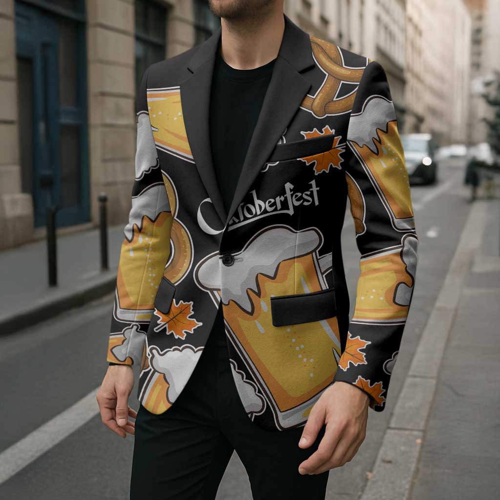 Oktoberfest Blazer with Beer Mug and Pretzel Illustration Black Festive - Wonder Print Shop