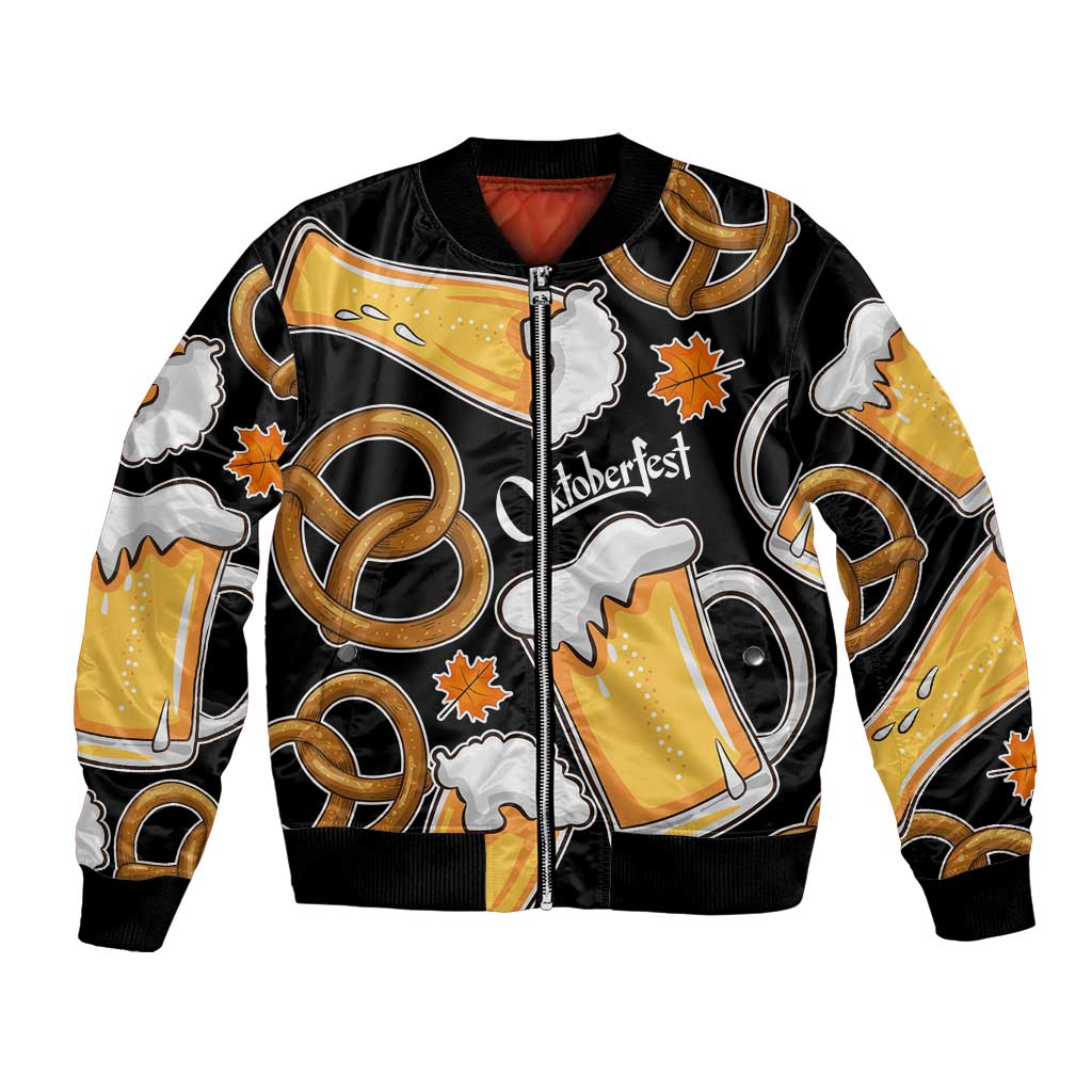 Oktoberfest Bomber Jacket with Beer Mug and Pretzel Illustration Black Festive - Wonder Print Shop