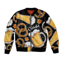 Oktoberfest Bomber Jacket with Beer Mug and Pretzel Illustration Black Festive - Wonder Print Shop