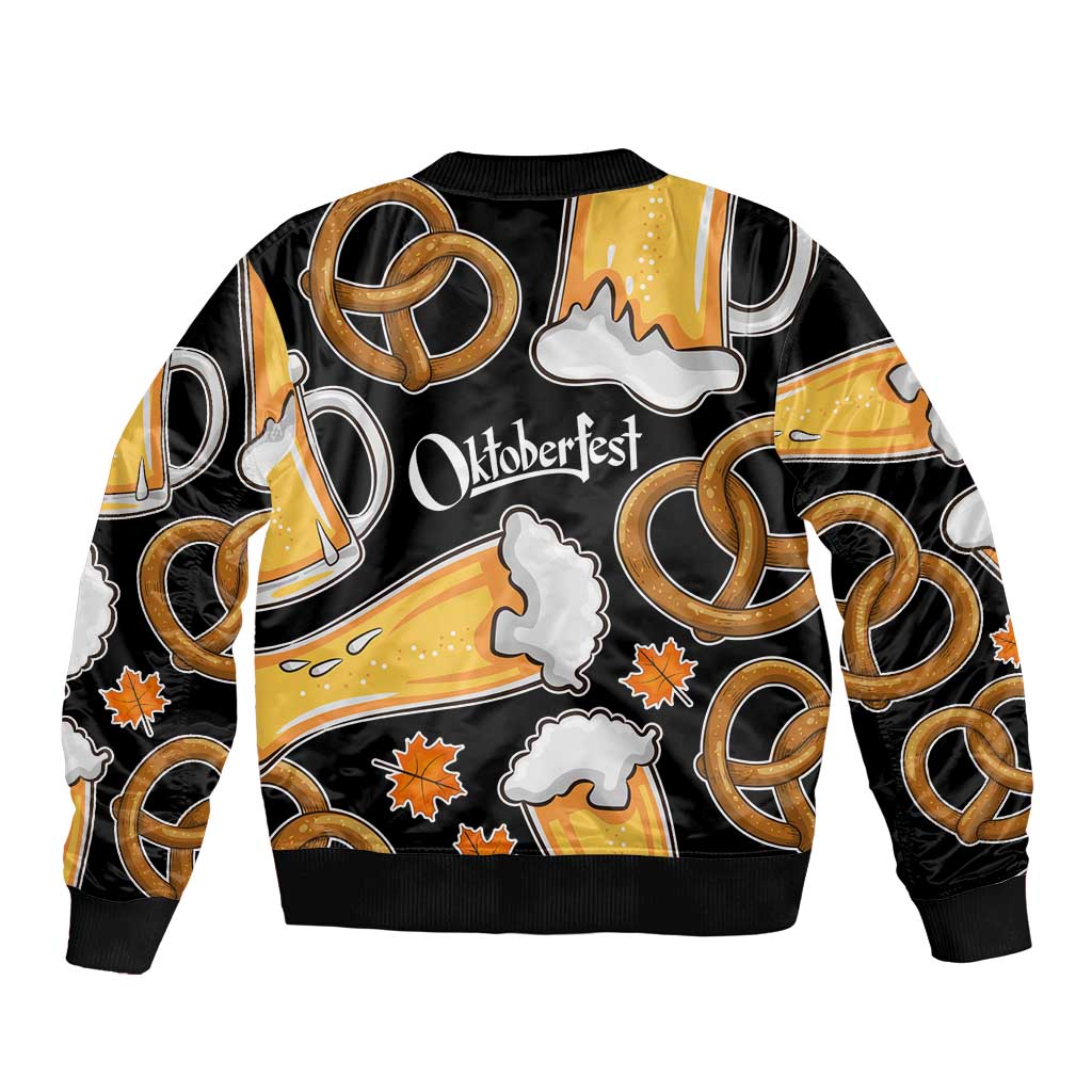 Oktoberfest Bomber Jacket with Beer Mug and Pretzel Illustration Black Festive - Wonder Print Shop