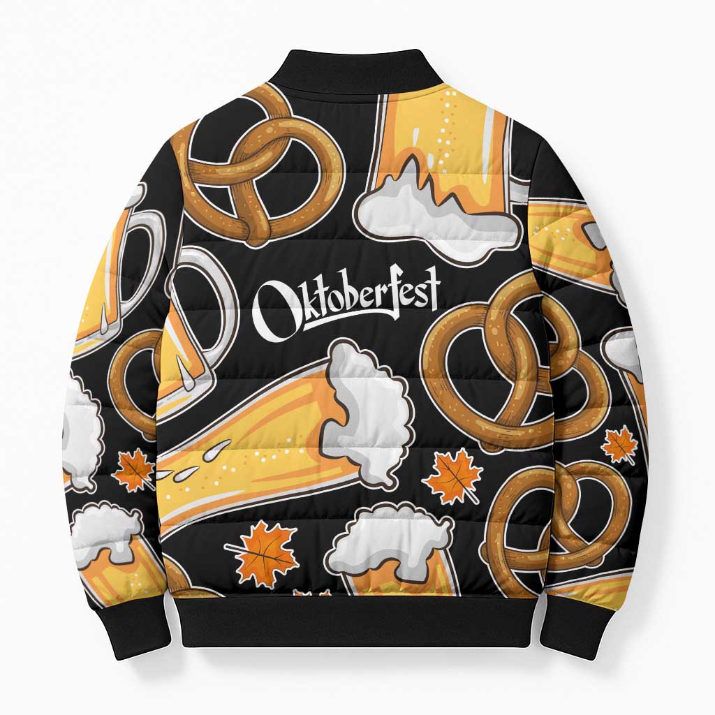 Oktoberfest Bomber Puffer Jacket with Beer Mug and Pretzel Illustration Black Festive - Wonder Print Shop