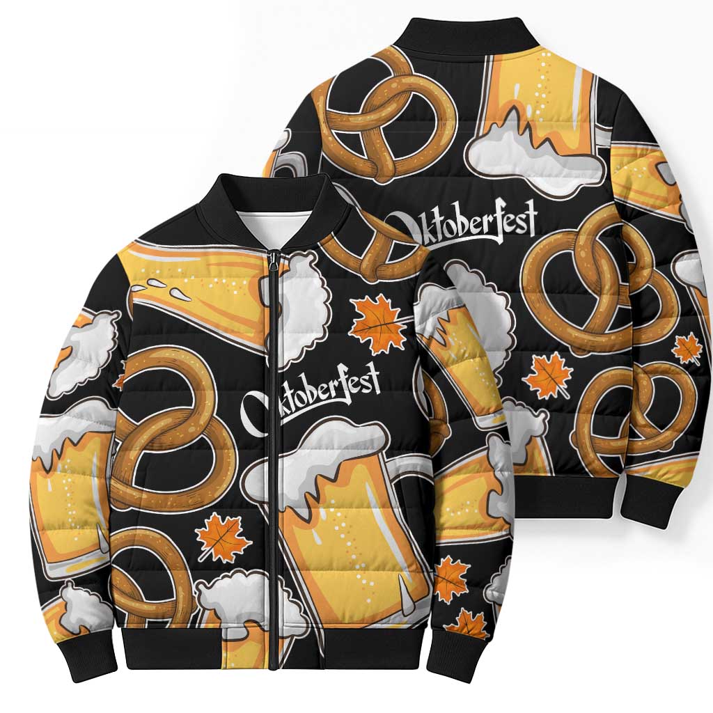 Oktoberfest Bomber Puffer Jacket with Beer Mug and Pretzel Illustration Black Festive - Wonder Print Shop