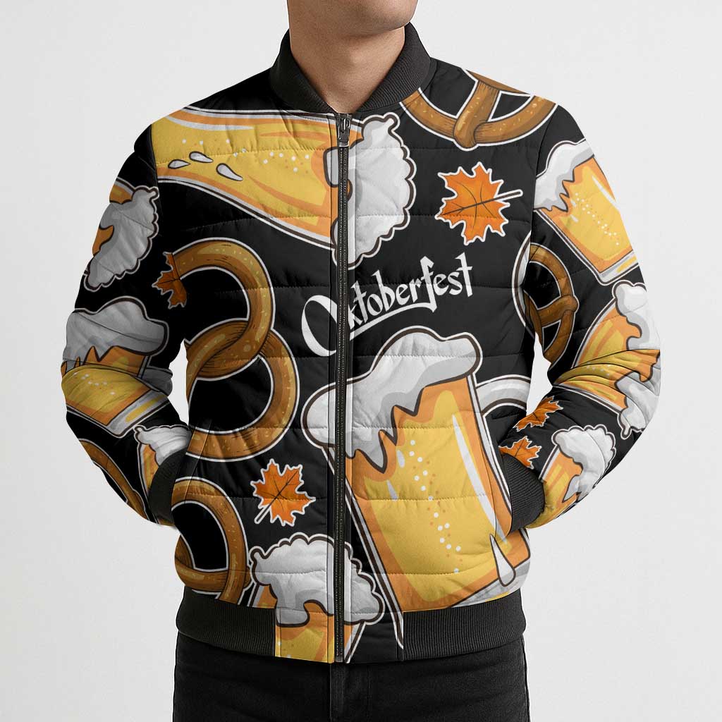 Oktoberfest Bomber Puffer Jacket with Beer Mug and Pretzel Illustration Black Festive - Wonder Print Shop