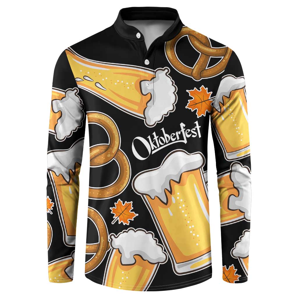 Oktoberfest Button Sweatshirt with Beer Mug and Pretzel Illustration Black Festive - Wonder Print Shop
