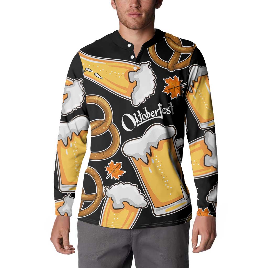 Oktoberfest Button Sweatshirt with Beer Mug and Pretzel Illustration Black Festive - Wonder Print Shop