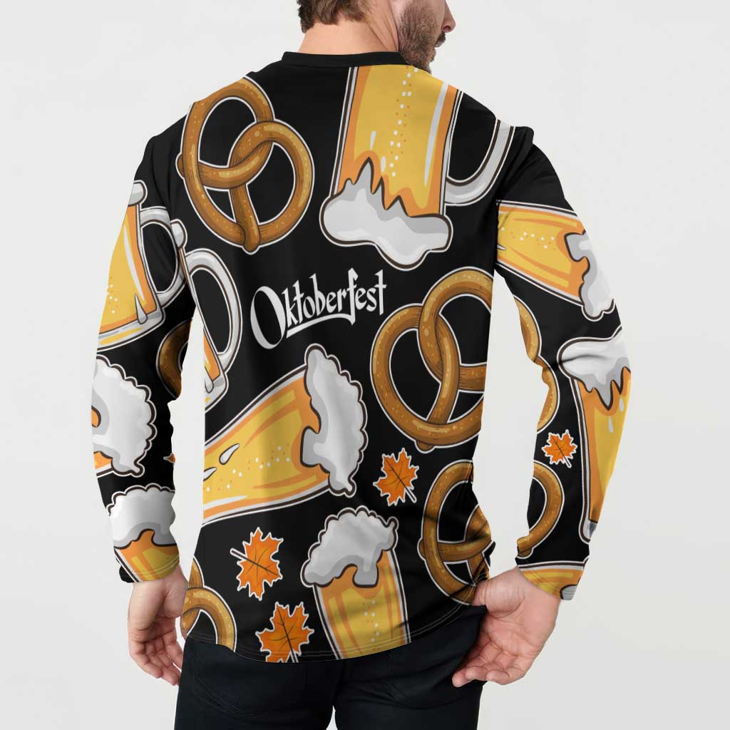 Oktoberfest Button Sweatshirt with Beer Mug and Pretzel Illustration Black Festive - Wonder Print Shop