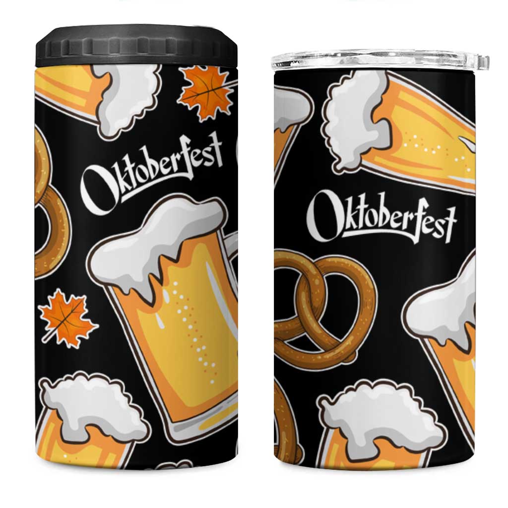Oktoberfest 4 in 1 Can Cooler Tumbler with Beer Mug and Pretzel Illustration Black Festive - Wonder Print Shop