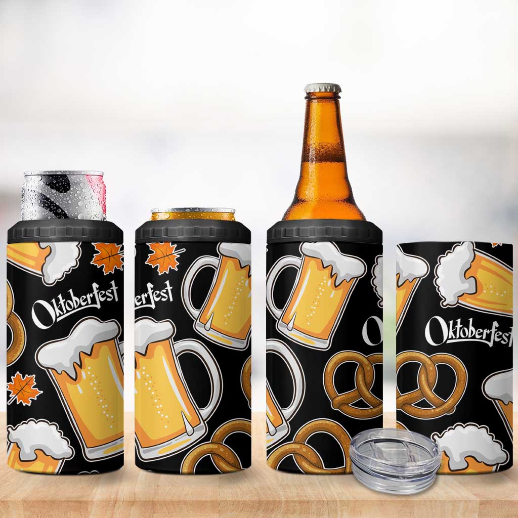 Oktoberfest 4 in 1 Can Cooler Tumbler with Beer Mug and Pretzel Illustration Black Festive - Wonder Print Shop