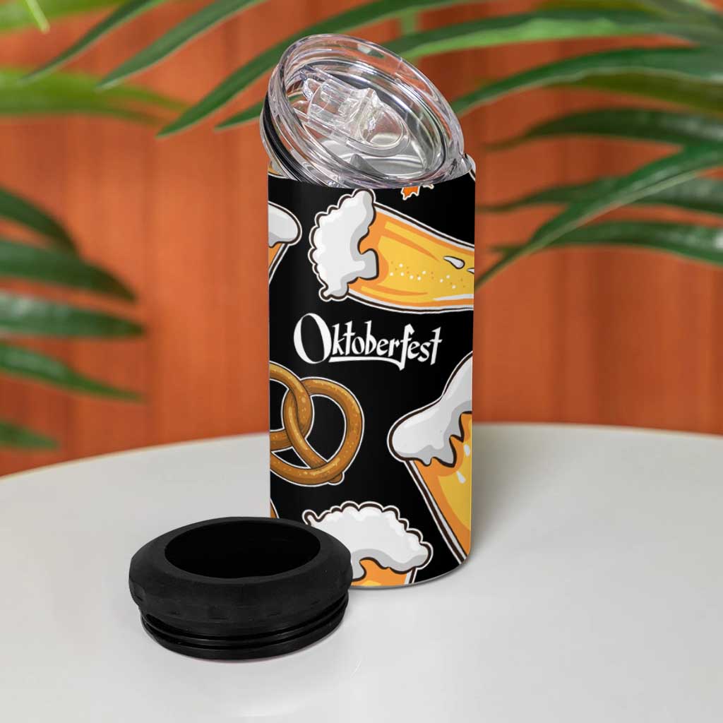 Oktoberfest 4 in 1 Can Cooler Tumbler with Beer Mug and Pretzel Illustration Black Festive - Wonder Print Shop