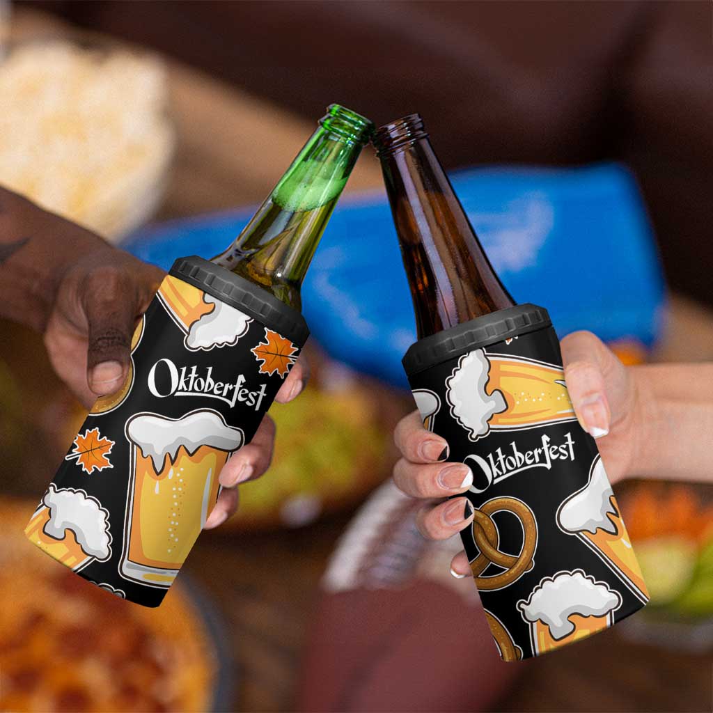 Oktoberfest 4 in 1 Can Cooler Tumbler with Beer Mug and Pretzel Illustration Black Festive - Wonder Print Shop