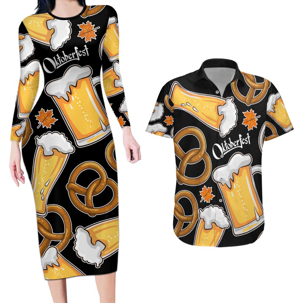 Oktoberfest Couples Matching Long Sleeve Bodycon Dress and Hawaiian Shirt with Beer Mug and Pretzel Illustration Black Festive - Wonder Print Shop