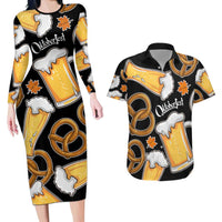 Oktoberfest Couples Matching Long Sleeve Bodycon Dress and Hawaiian Shirt with Beer Mug and Pretzel Illustration Black Festive - Wonder Print Shop