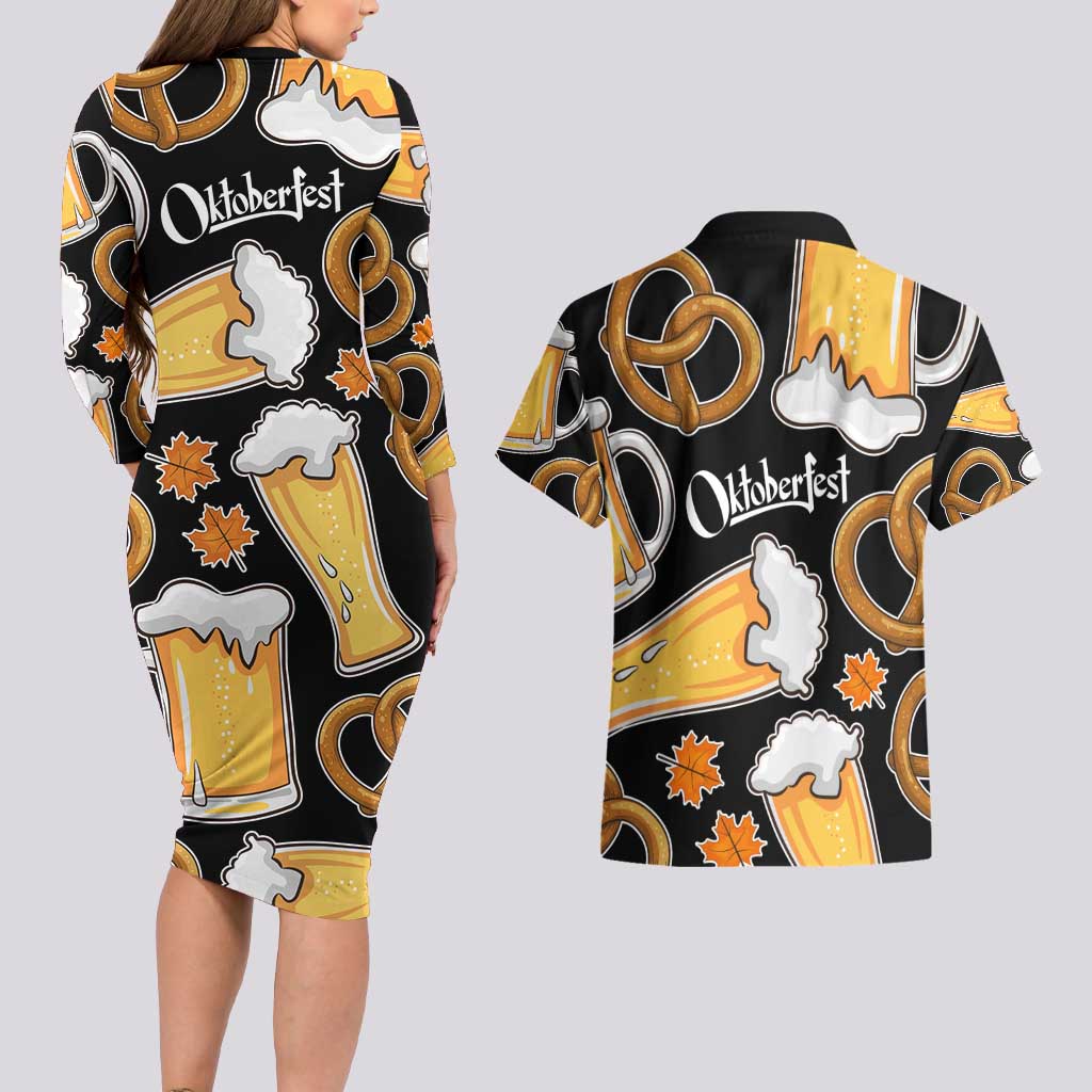 Oktoberfest Couples Matching Long Sleeve Bodycon Dress and Hawaiian Shirt with Beer Mug and Pretzel Illustration Black Festive - Wonder Print Shop