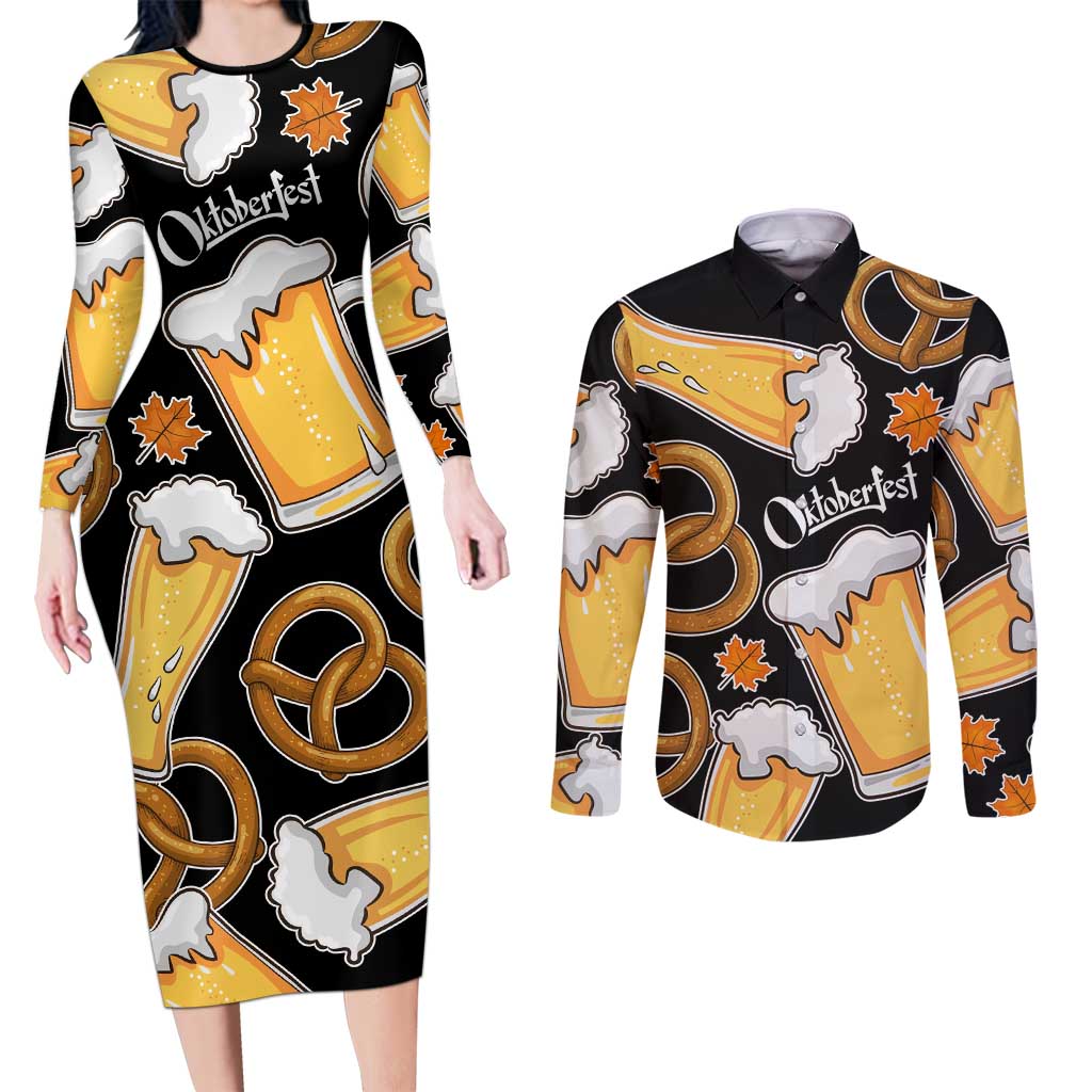 Oktoberfest Couples Matching Long Sleeve Bodycon Dress and Long Sleeve Button Shirt with Beer Mug and Pretzel Illustration Black Festive - Wonder Print Shop