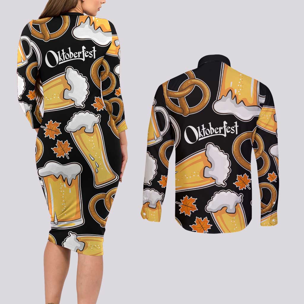 Oktoberfest Couples Matching Long Sleeve Bodycon Dress and Long Sleeve Button Shirt with Beer Mug and Pretzel Illustration Black Festive - Wonder Print Shop