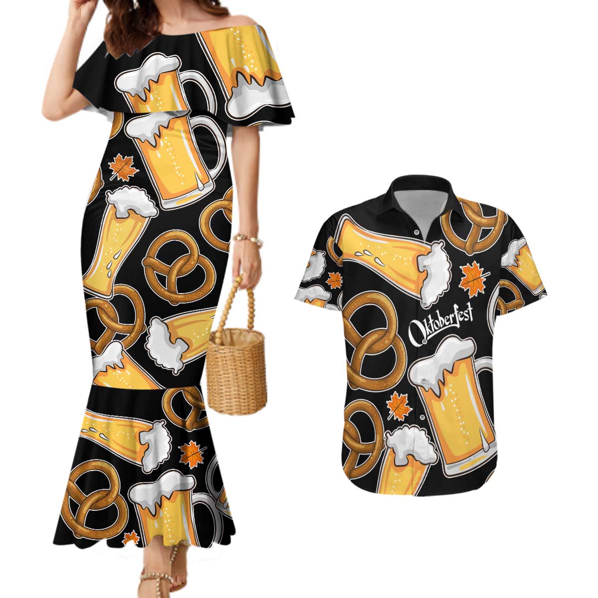 Oktoberfest Couples Matching Mermaid Dress and Hawaiian Shirt with Beer Mug and Pretzel Illustration Black Festive - Wonder Print Shop