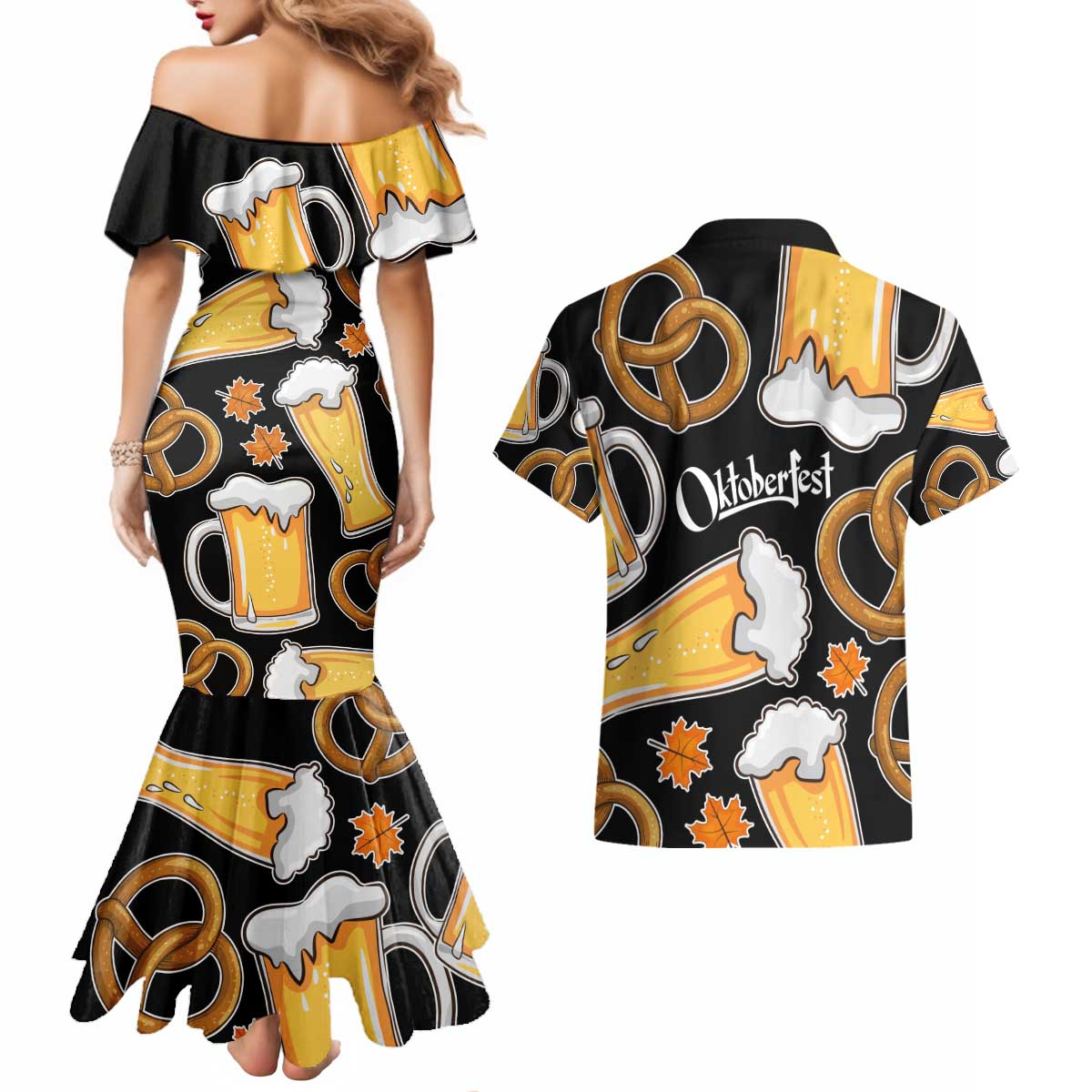 Oktoberfest Couples Matching Mermaid Dress and Hawaiian Shirt with Beer Mug and Pretzel Illustration Black Festive - Wonder Print Shop