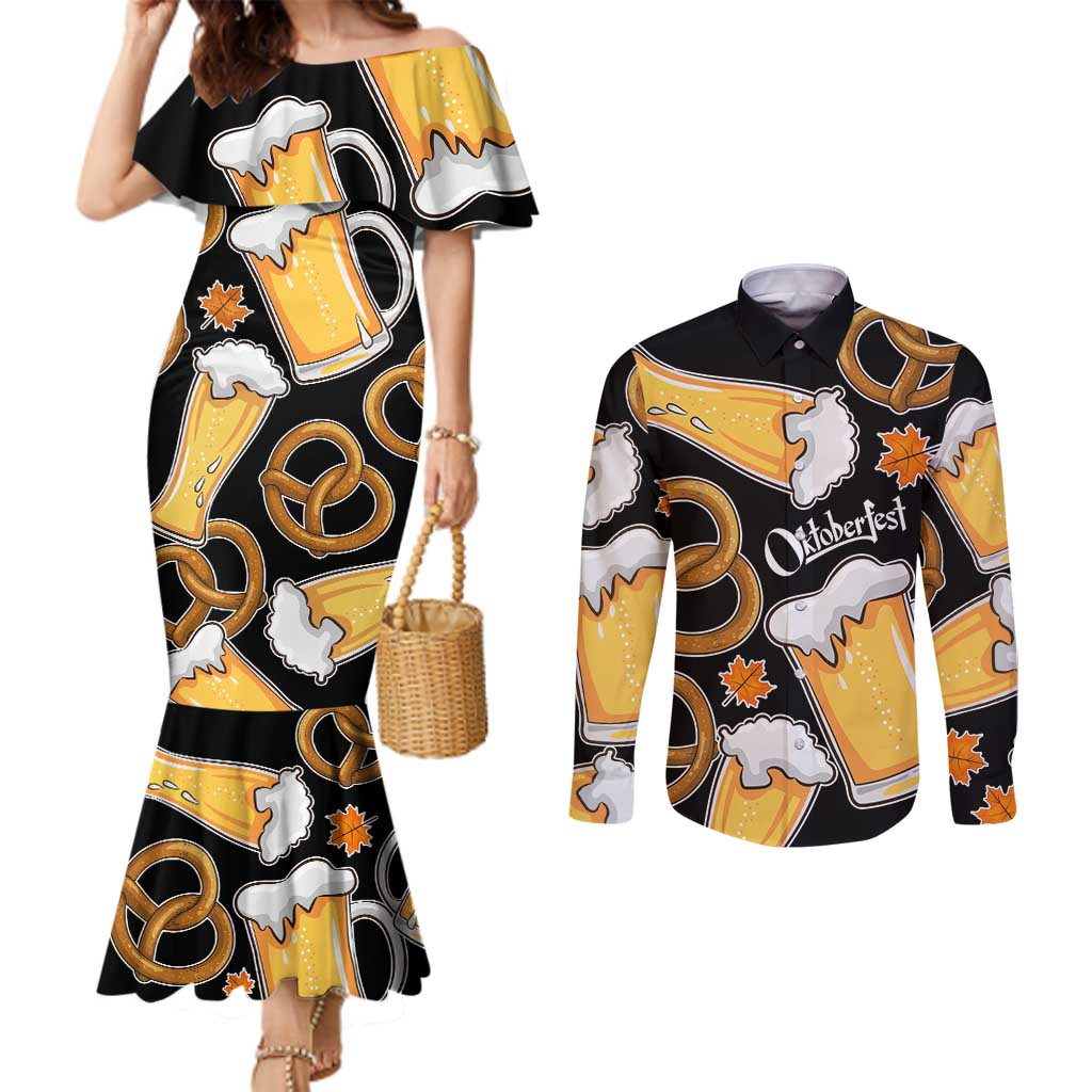 Oktoberfest Couples Matching Mermaid Dress and Long Sleeve Button Shirt with Beer Mug and Pretzel Illustration Black Festive - Wonder Print Shop