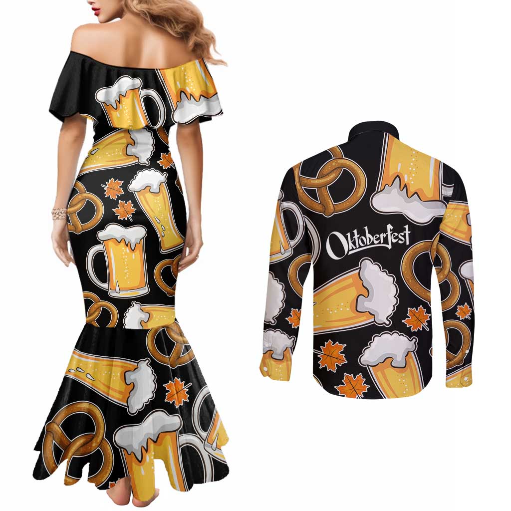 Oktoberfest Couples Matching Mermaid Dress and Long Sleeve Button Shirt with Beer Mug and Pretzel Illustration Black Festive - Wonder Print Shop
