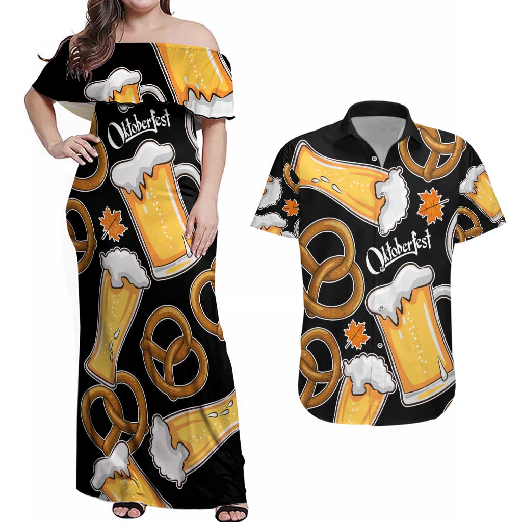 Oktoberfest Couples Matching Off Shoulder Maxi Dress and Hawaiian Shirt with Beer Mug and Pretzel Illustration Black Festive - Wonder Print Shop