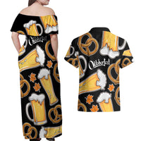 Oktoberfest Couples Matching Off Shoulder Maxi Dress and Hawaiian Shirt with Beer Mug and Pretzel Illustration Black Festive - Wonder Print Shop