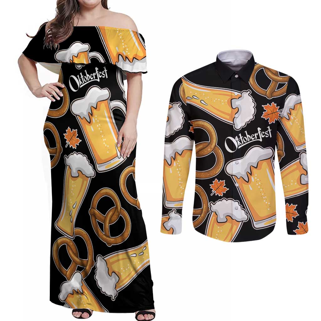 Oktoberfest Couples Matching Off Shoulder Maxi Dress and Long Sleeve Button Shirt with Beer Mug and Pretzel Illustration Black Festive - Wonder Print Shop