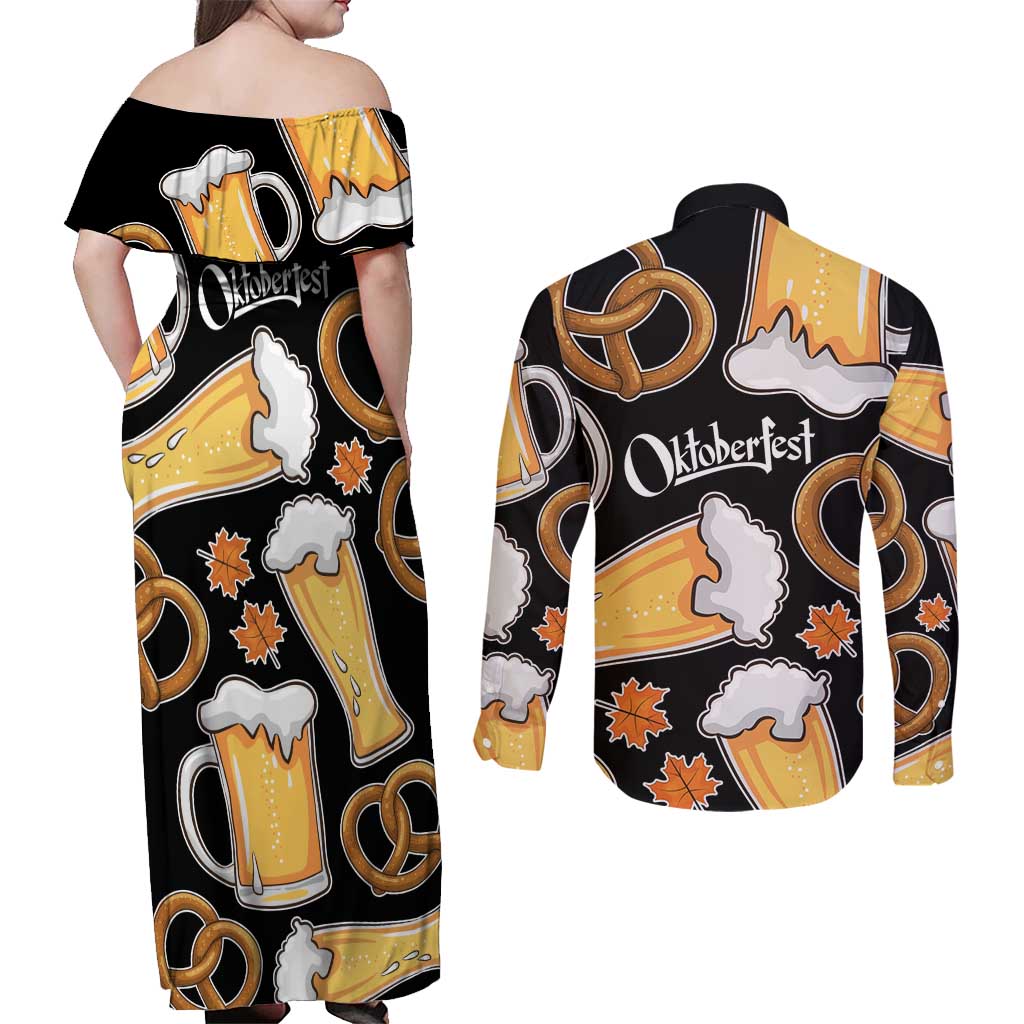 Oktoberfest Couples Matching Off Shoulder Maxi Dress and Long Sleeve Button Shirt with Beer Mug and Pretzel Illustration Black Festive - Wonder Print Shop
