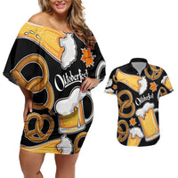 Oktoberfest Couples Matching Off Shoulder Short Dress and Hawaiian Shirt with Beer Mug and Pretzel Illustration Black Festive - Wonder Print Shop