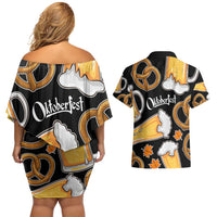 Oktoberfest Couples Matching Off Shoulder Short Dress and Hawaiian Shirt with Beer Mug and Pretzel Illustration Black Festive - Wonder Print Shop
