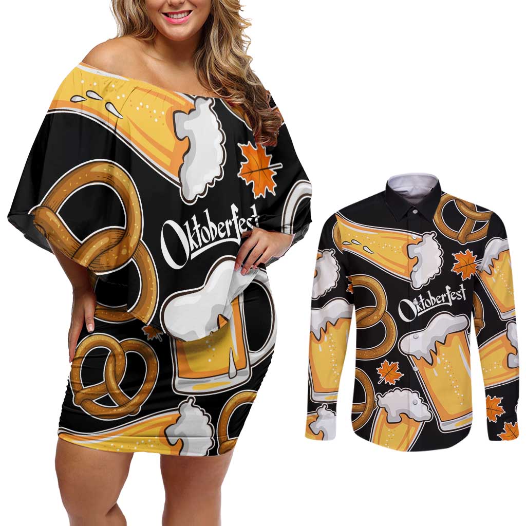 Oktoberfest Couples Matching Off Shoulder Short Dress and Long Sleeve Button Shirt with Beer Mug and Pretzel Illustration Black Festive - Wonder Print Shop