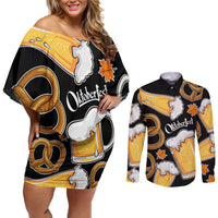 Oktoberfest Couples Matching Off Shoulder Short Dress and Long Sleeve Button Shirt with Beer Mug and Pretzel Illustration Black Festive - Wonder Print Shop