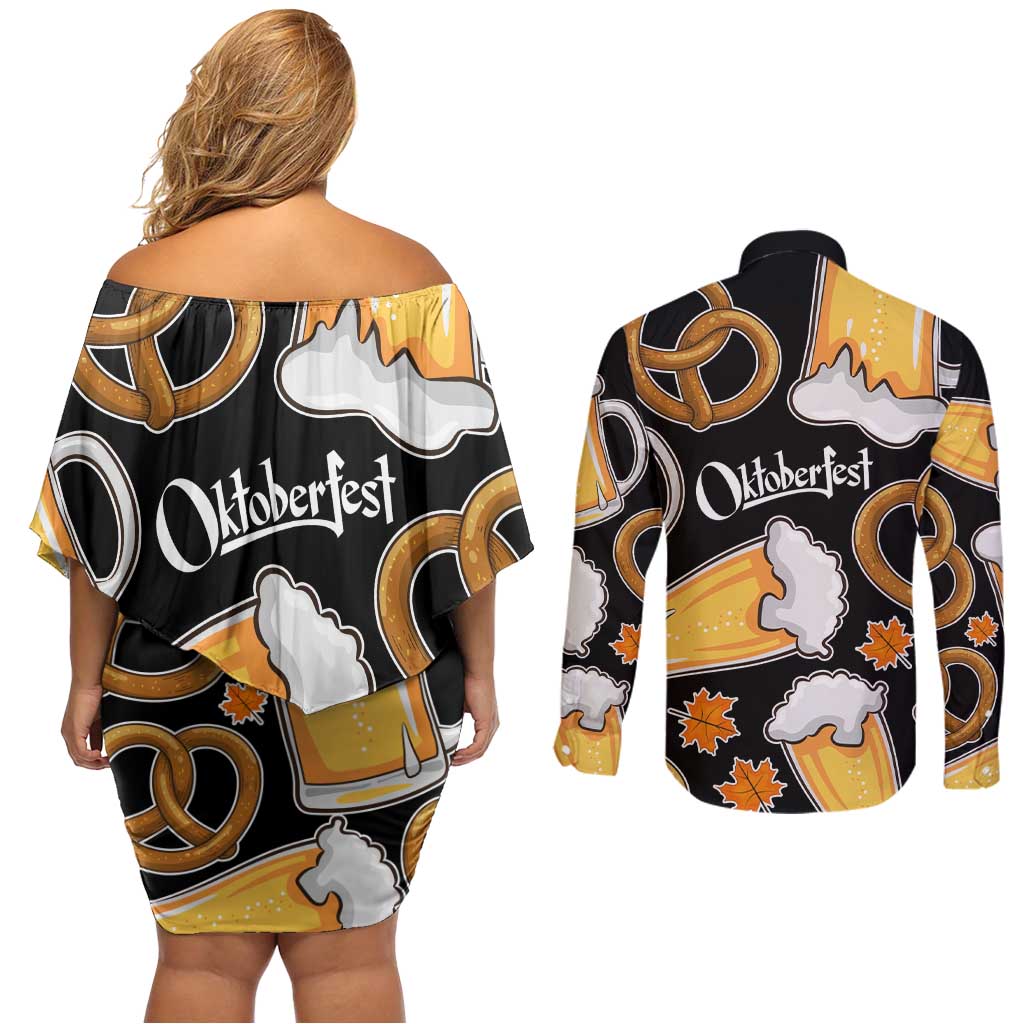 Oktoberfest Couples Matching Off Shoulder Short Dress and Long Sleeve Button Shirt with Beer Mug and Pretzel Illustration Black Festive - Wonder Print Shop