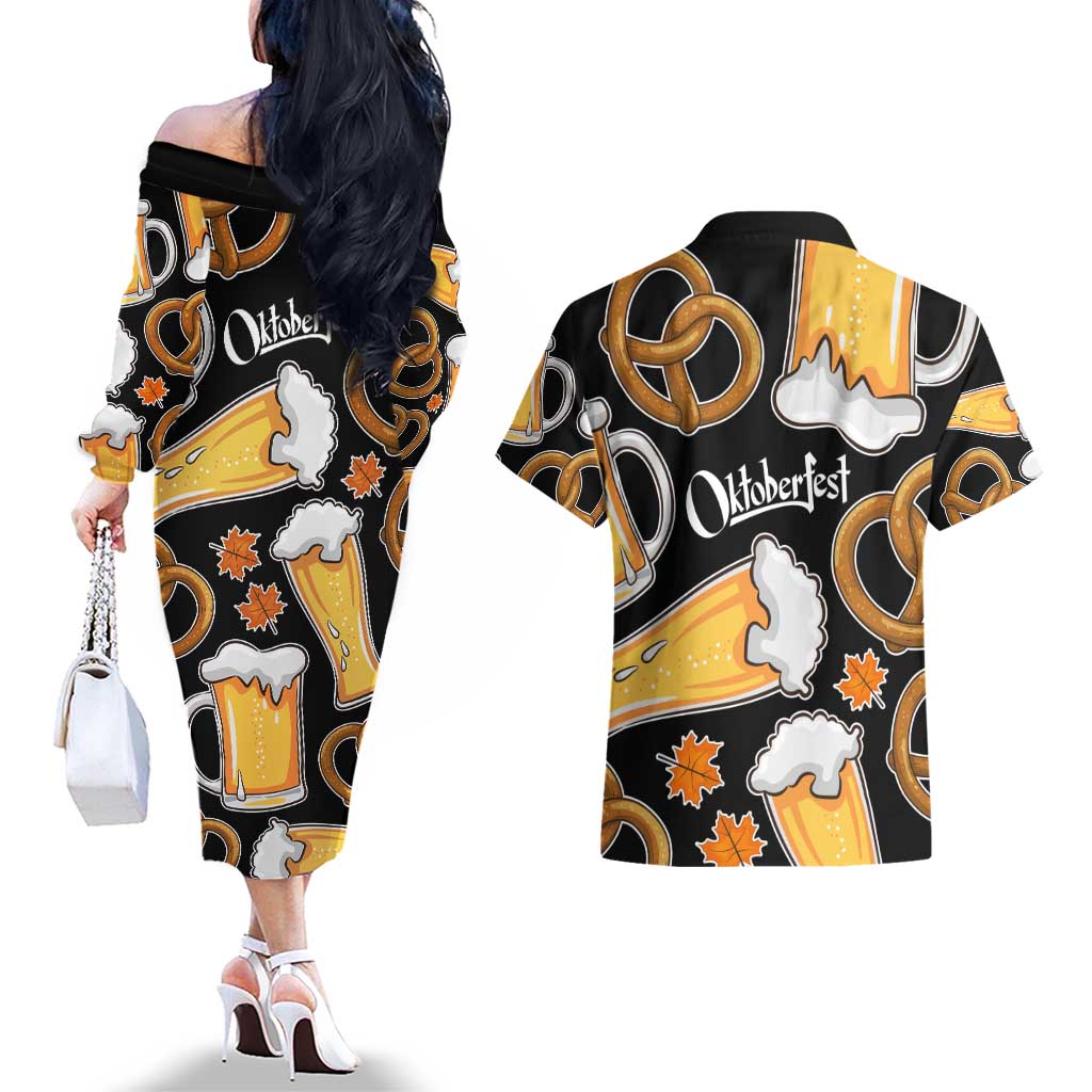 Oktoberfest Couples Matching Off The Shoulder Long Sleeve Dress and Hawaiian Shirt with Beer Mug and Pretzel Illustration Black Festive - Wonder Print Shop
