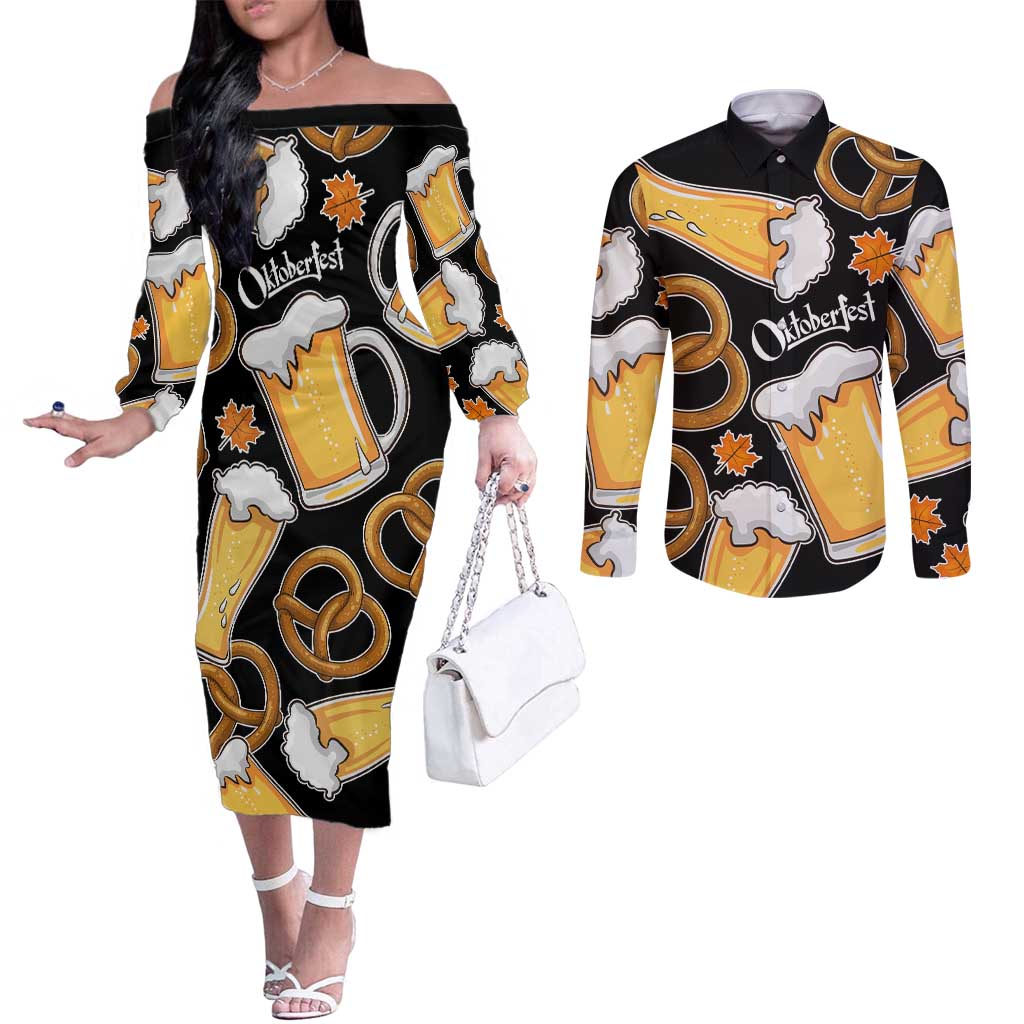 Oktoberfest Couples Matching Off The Shoulder Long Sleeve Dress and Long Sleeve Button Shirt with Beer Mug and Pretzel Illustration Black Festive - Wonder Print Shop