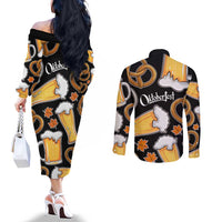 Oktoberfest Couples Matching Off The Shoulder Long Sleeve Dress and Long Sleeve Button Shirt with Beer Mug and Pretzel Illustration Black Festive - Wonder Print Shop