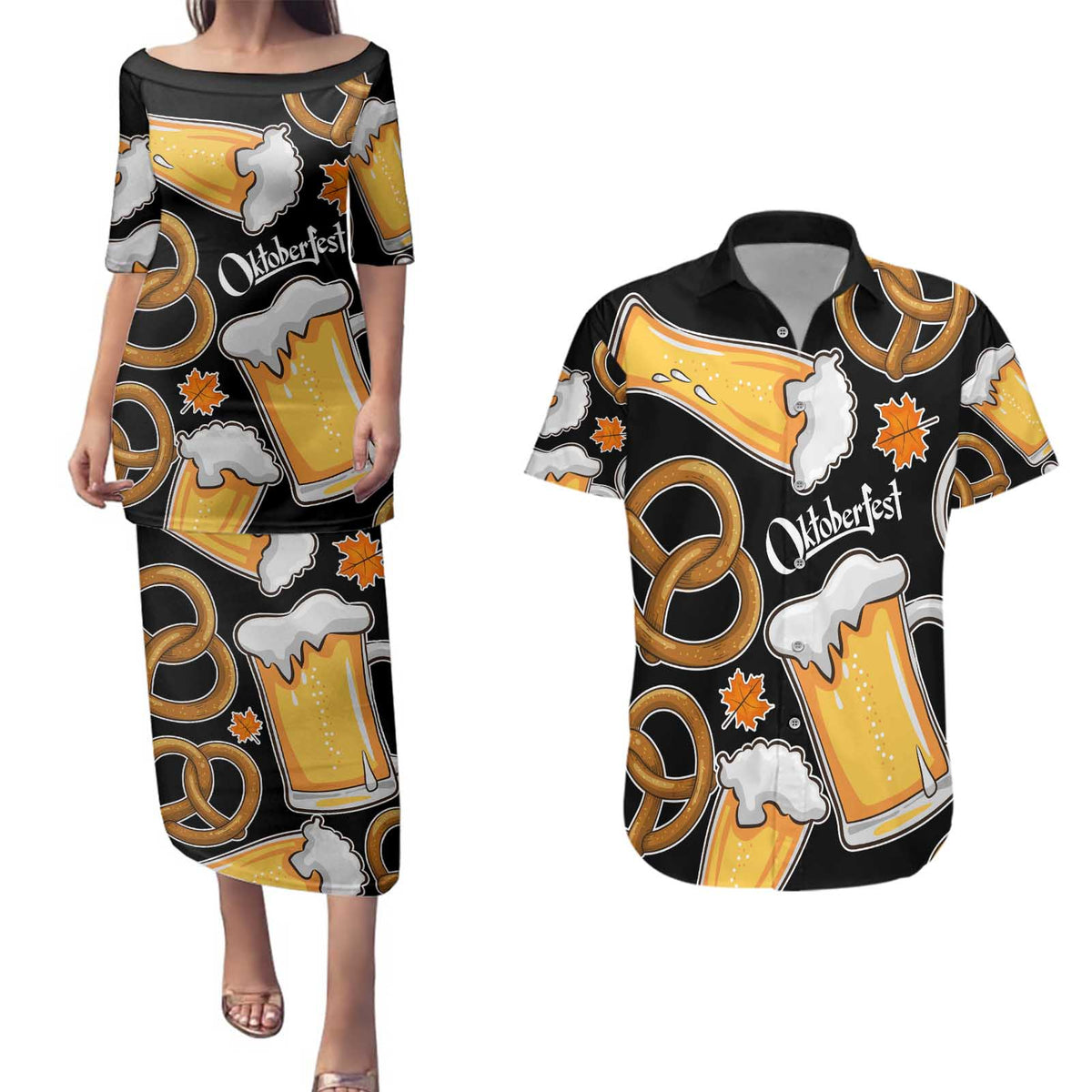Oktoberfest Couples Matching Puletasi and Hawaiian Shirt with Beer Mug and Pretzel Illustration Black Festive - Wonder Print Shop