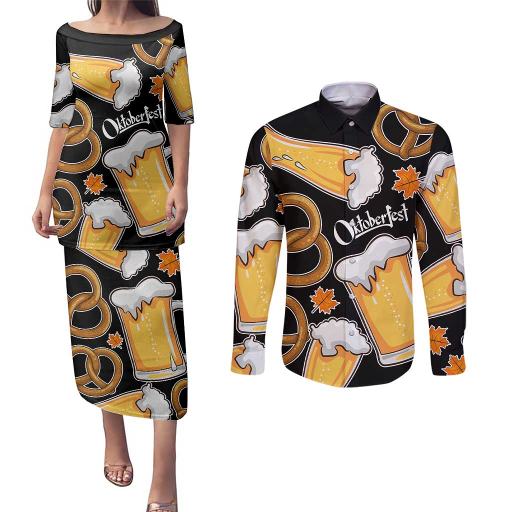 Oktoberfest Couples Matching Puletasi and Long Sleeve Button Shirt with Beer Mug and Pretzel Illustration Black Festive - Wonder Print Shop
