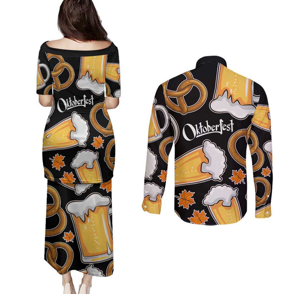 Oktoberfest Couples Matching Puletasi and Long Sleeve Button Shirt with Beer Mug and Pretzel Illustration Black Festive - Wonder Print Shop