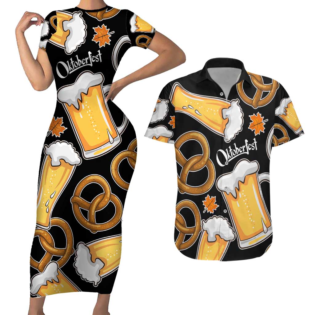 Oktoberfest Couples Matching Short Sleeve Bodycon Dress and Hawaiian Shirt with Beer Mug and Pretzel Illustration Black Festive - Wonder Print Shop