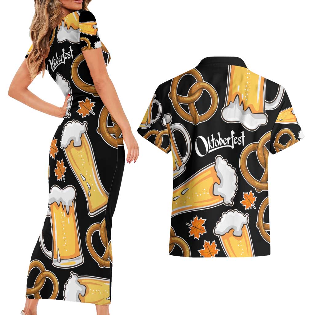 Oktoberfest Couples Matching Short Sleeve Bodycon Dress and Hawaiian Shirt with Beer Mug and Pretzel Illustration Black Festive - Wonder Print Shop