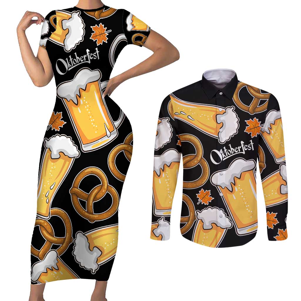 Oktoberfest Couples Matching Short Sleeve Bodycon Dress and Long Sleeve Button Shirt with Beer Mug and Pretzel Illustration Black Festive - Wonder Print Shop